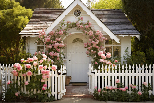 Fototapeta Naklejka Na Ścianę i Meble -  An old-world charm oozes from a vintage garden shed, with pink climbing roses decorating its walls and a white picket fence nearby