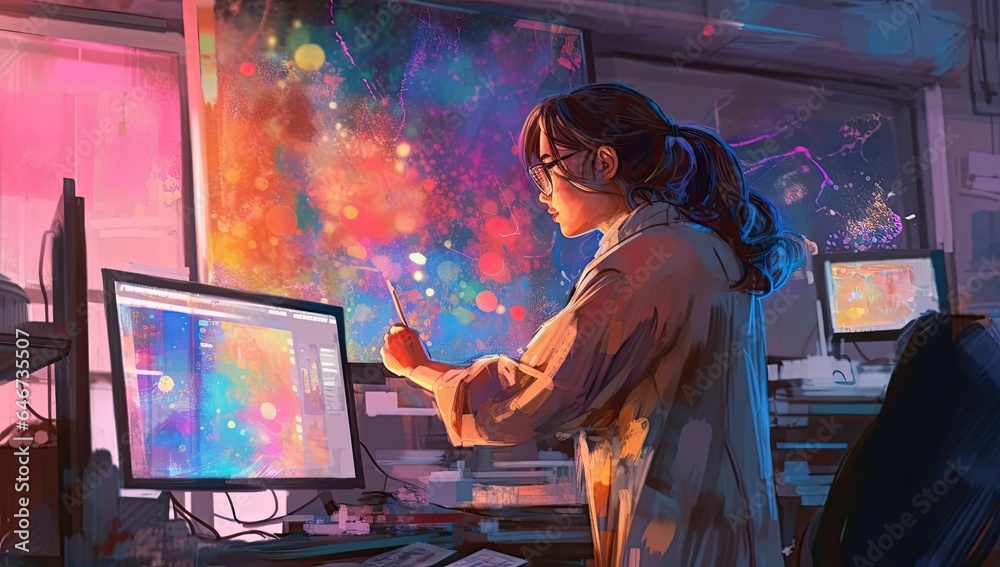 Confident female scientist working on computer in chemical laboratory.