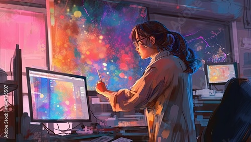 Confident female scientist working on computer in chemical laboratory.