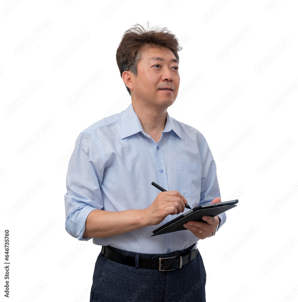 Portrait of a middle-aged Asian male businessman in his 50s wearing a blue shirt Portrait of a middle-aged Asian male businessman in his 50s wearing a blue shirt