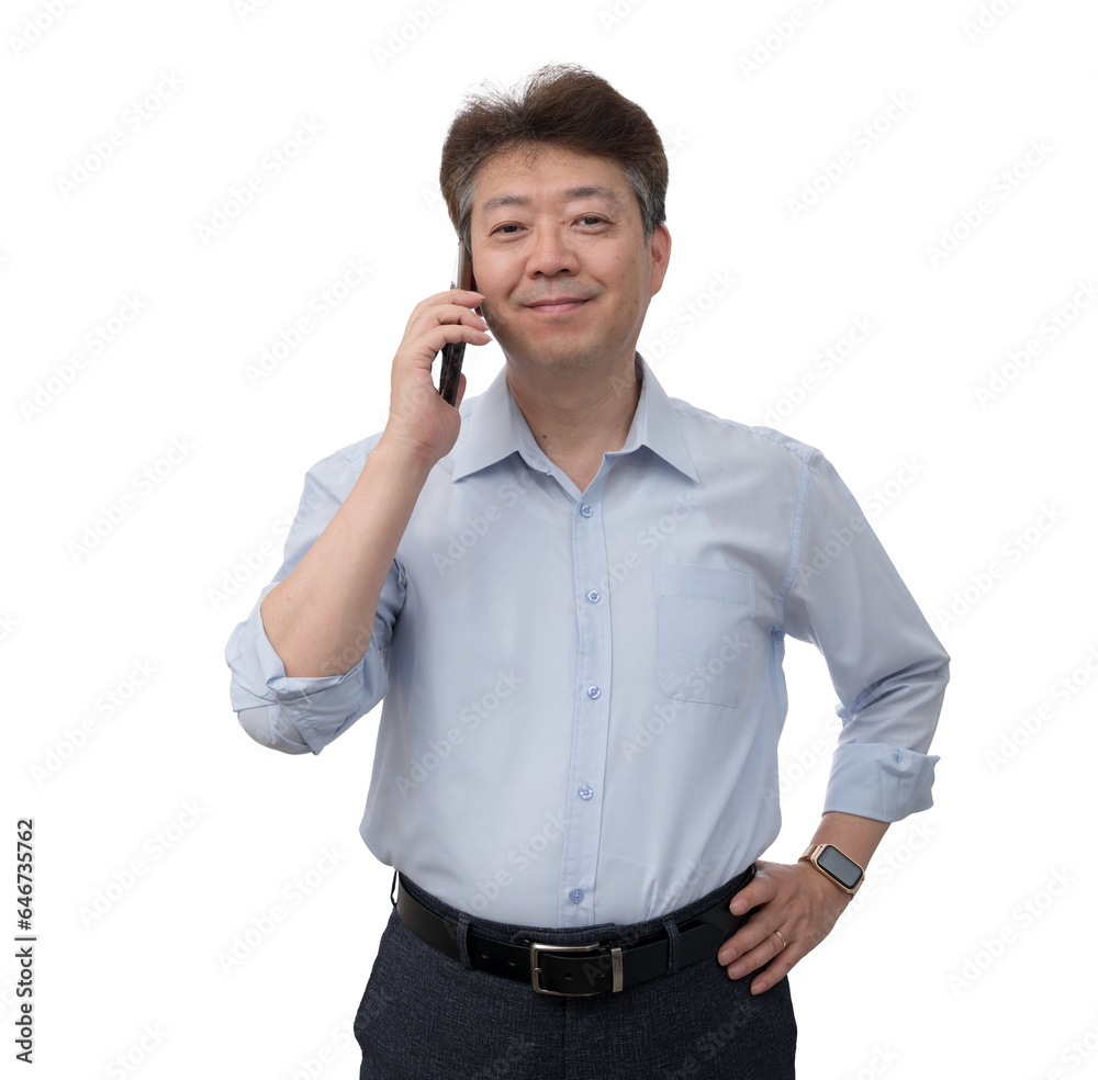 Portrait of a middle-aged Asian male businessman in his 50s wearing a blue shirt Portrait of a middle-aged Asian male businessman in his 50s wearing a blue shirt