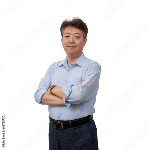 Portrait of a middle-aged Asian male businessman in his 50s wearing a blue shirt