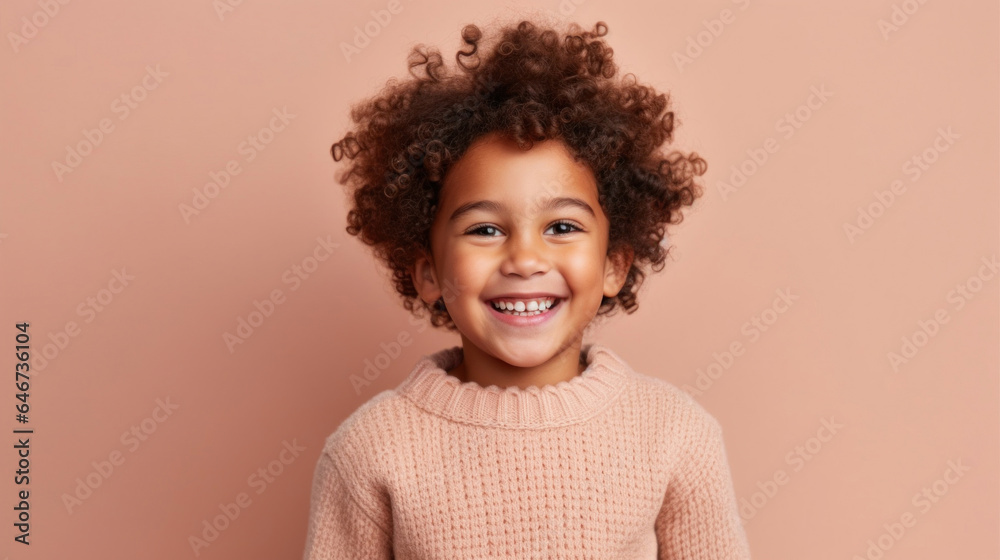 Portrait of a happy boy in neutral clothes against beige backdrop. Generative AI Portrait of a happy boy in neutral clothes against beige backdrop. Generative AI