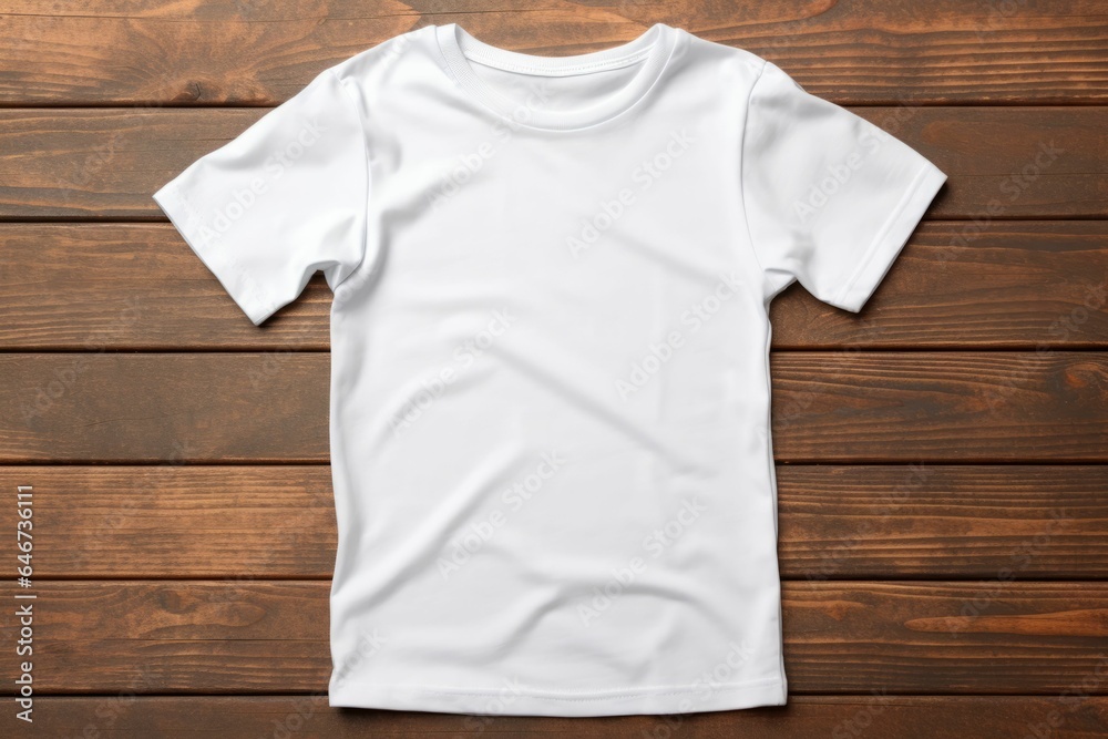 Classic kid's white t-shirt mock up on a wooden background. AI generative Classic kid's white t-shirt mock up on a wooden background. AI generative