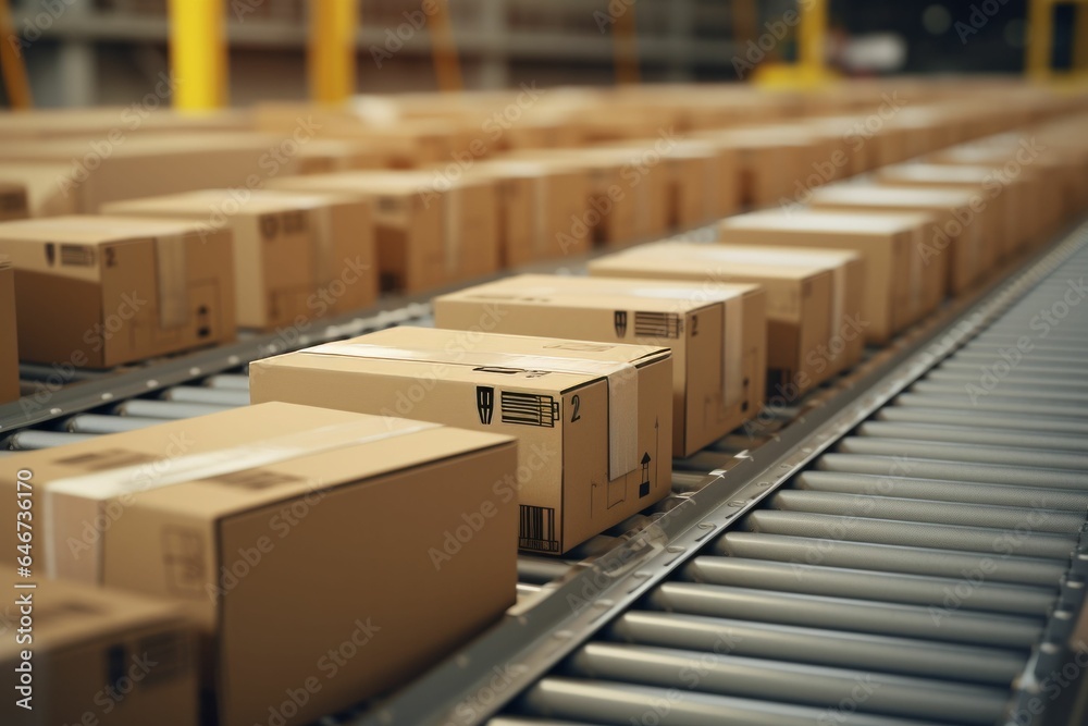 Cardboard box packages moving along a conveyor belt in a warehouse sorting center. AI generative Cardboard box packages moving along a conveyor belt in a warehouse sorting center. AI generative