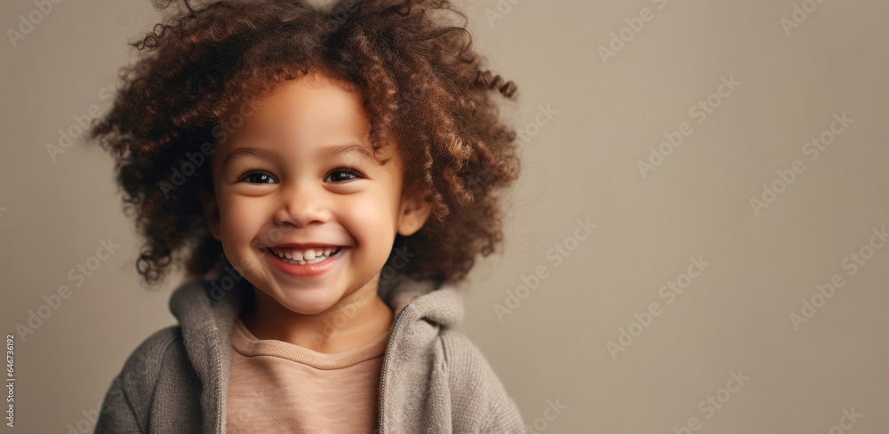 Little boy with a bright smile wearing neutral colors in a studio with a beige background. Generative AI Little boy with a bright smile wearing neutral colors in a studio with a beige background. Generative AI