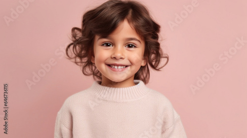 Smiling child in neutral clothing against beige studio backdrop. Generative AI