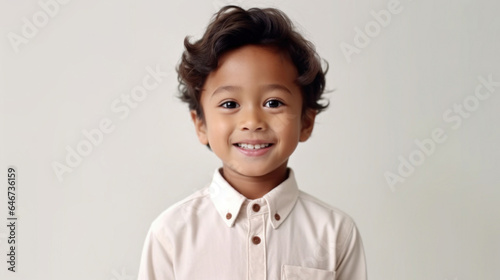 Happy little boy, dressed in neutrals, poses against a beige studio background. Generative AI