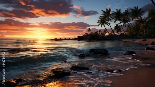 Beautiful beach with palm trees and sunset