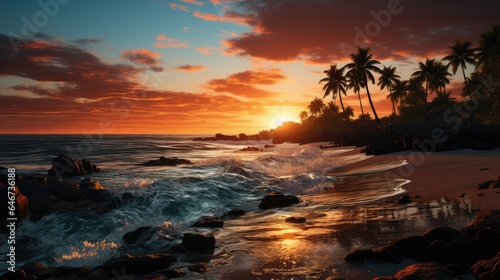 Beautiful beach with palm trees and sunset © MBRAMO