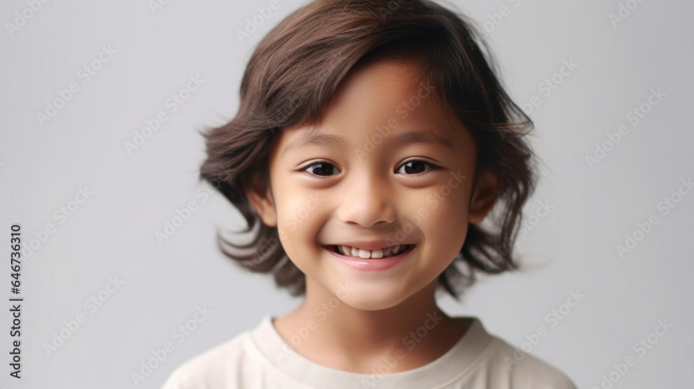 Portrait of a cheerful young boy in neutral attire on a beige studio backdrop. Generative AI Portrait of a cheerful young boy in neutral attire on a beige studio backdrop. Generative AI