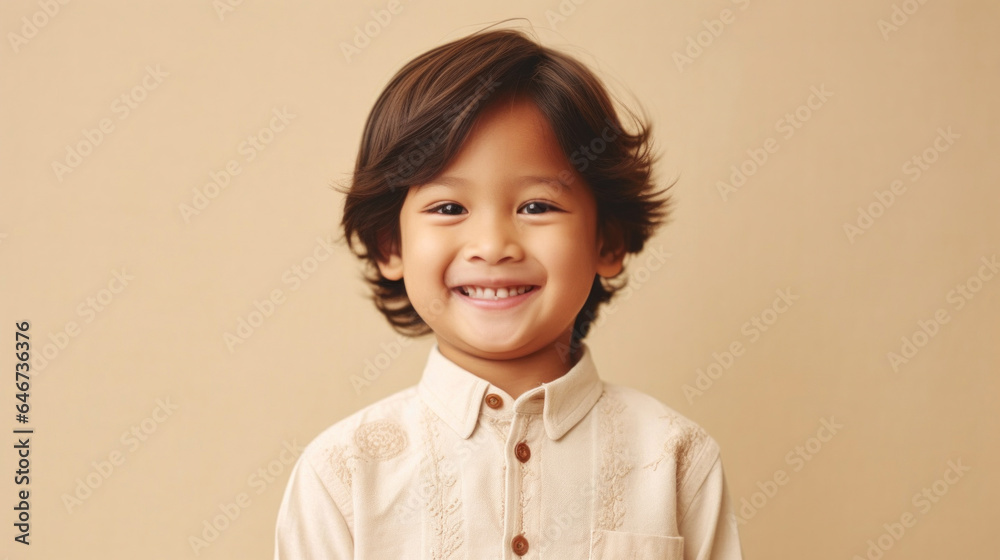 Smiling child in neutral attire captured against a studio's beige backdrop. Generative AI Smiling child in neutral attire captured against a studio's beige backdrop. Generative AI