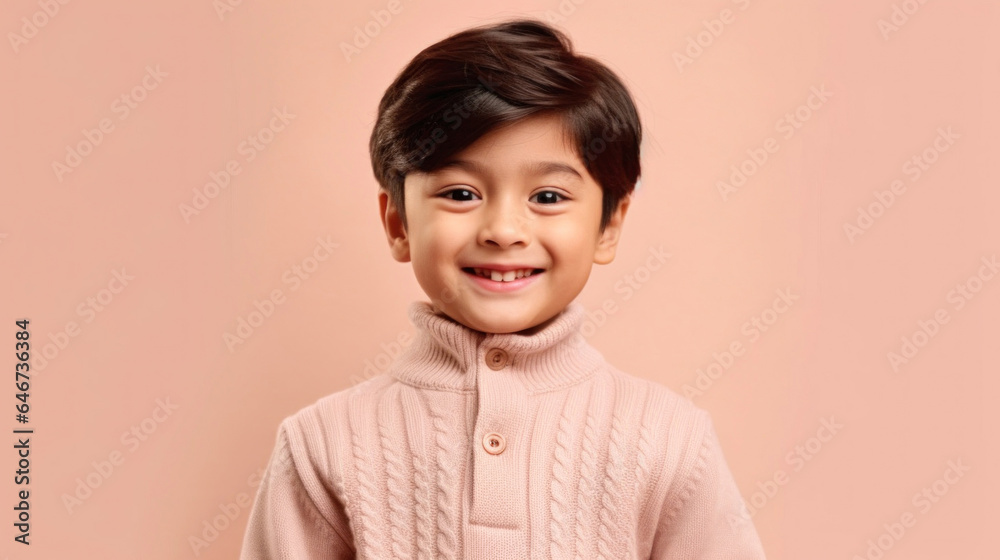 Smiling child in neutral attire captured against a studio's beige backdrop. Generative AI Smiling child in neutral attire captured against a studio's beige backdrop. Generative AI