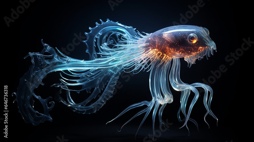 animal deep-sea luminous transparent creature fictional jellyfish, light ocean depth, layer for overlay isolated on black background