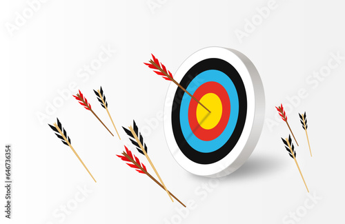 Target with one arrow hitting the center and many arrows missed. 3d archery target with arrows and shadow. Concept of archery, determination, perseverance or reaching the goal in business. Vector.