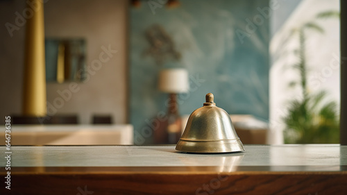 a bell to call the hotel staff at the reception desk a blurry view of the luxury hotel
