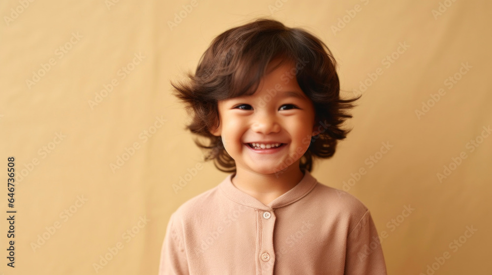 Happy little boy in neutral clothes against beige studio background. Generative AI Happy little boy in neutral clothes against beige studio background. Generative AI