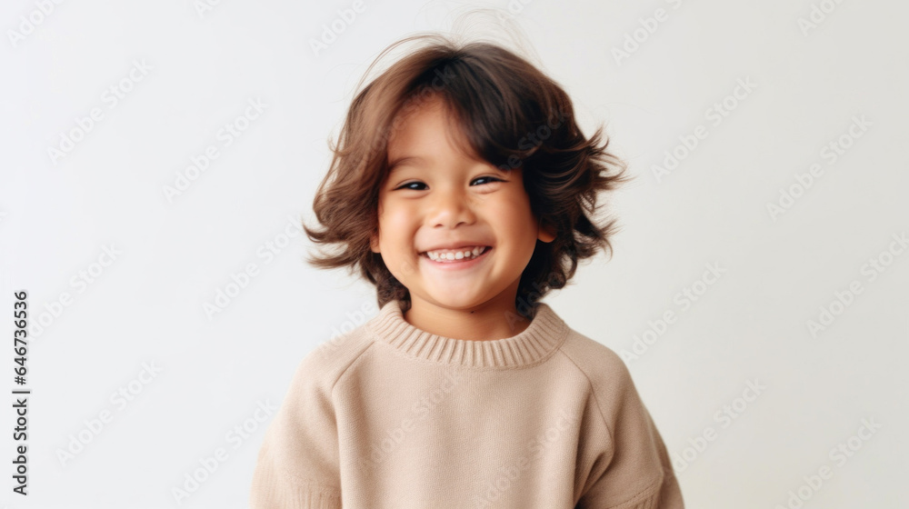 Happy little boy in neutral clothes against beige studio background. Generative AI Happy little boy in neutral clothes against beige studio background. Generative AI