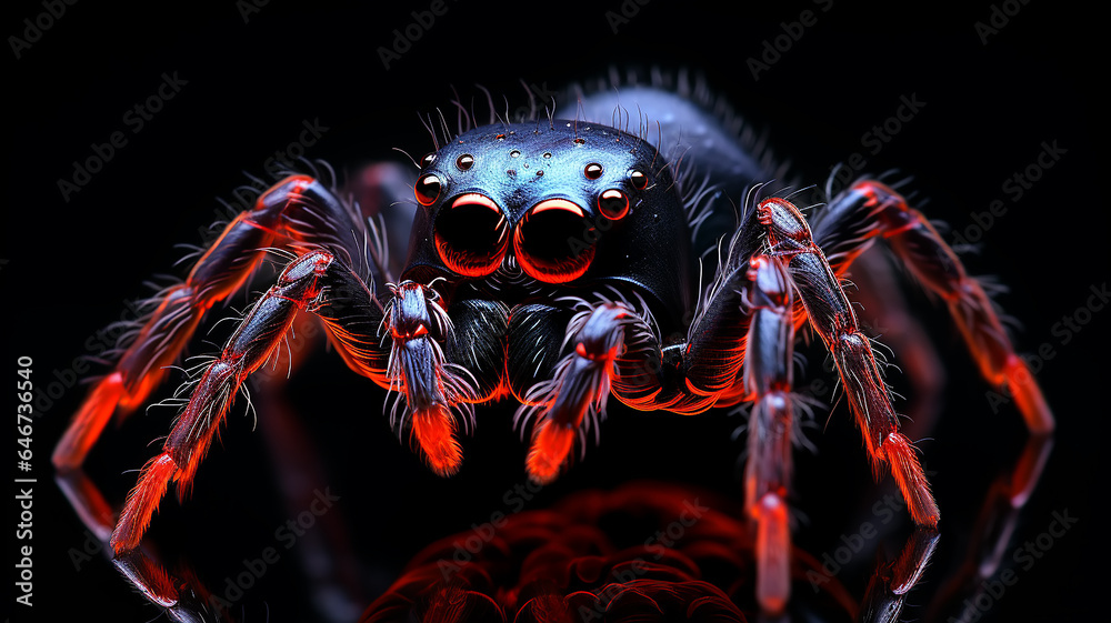 Fototapeta premium spider macro luminous fluorescent fictional computer graphics generated on a black background