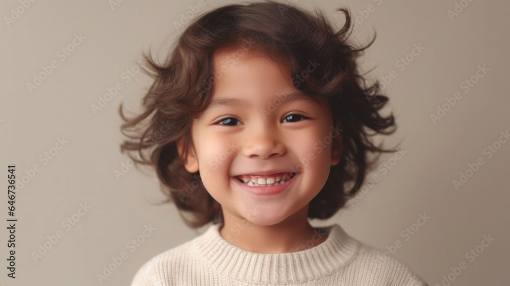 Cheerful child in muted outfit on studio beige backdrop. Generative AI