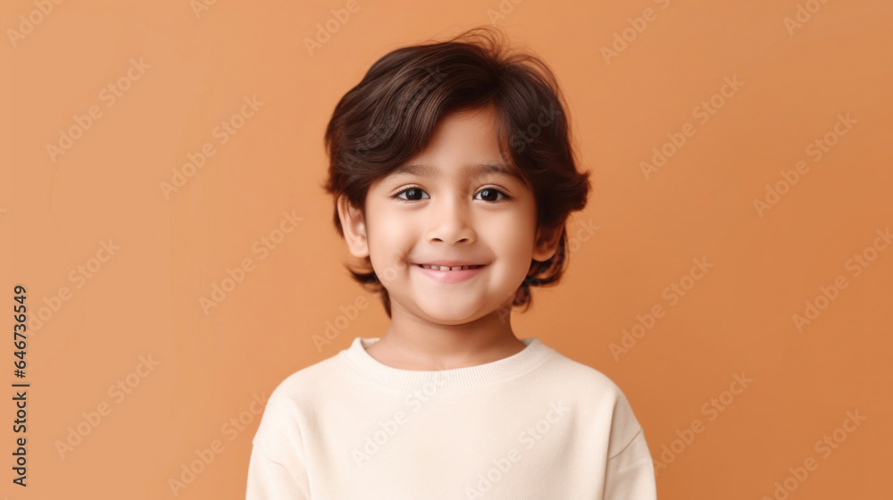 Smiling kid wearing neutral clothes in front of studio beige background. Generative AI