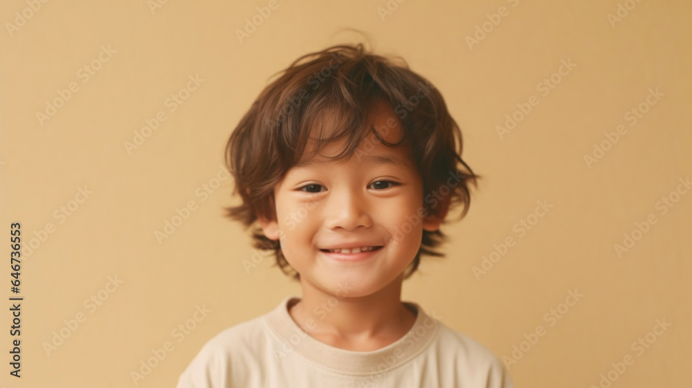 Happy lad in muted outfit posed against beige studio backdrop. Generative AI Happy lad in muted outfit posed against beige studio backdrop. Generative AI