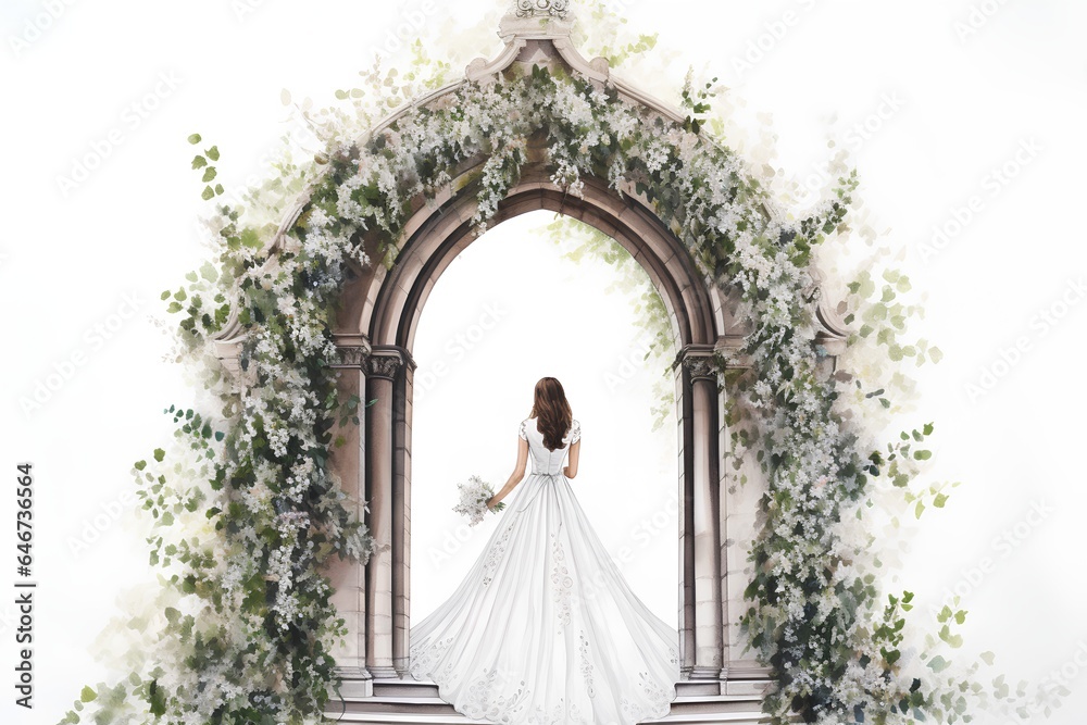 Beautiful bride in a white wedding dress with a bouquet of white flowers on the background of the arch