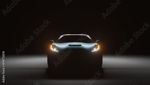 3D Rendered Super car Cinematic Camera angle view in dark background, White sport car headlights blinking in dark with a black background, supercar movie view