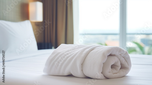 clean towels rolled up on the bed in a bright hotel room © kichigin19
