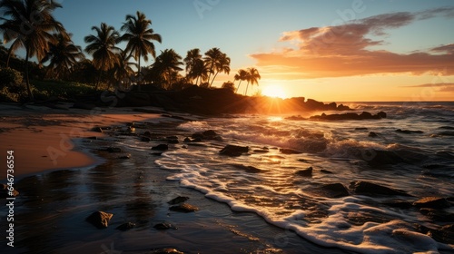 Beautiful beach with palm trees and sunset