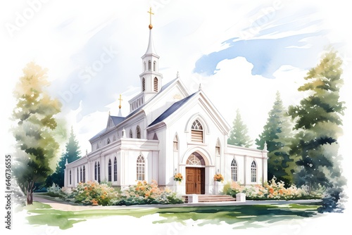 Watercolor illustration of a church in the park. Hand drawn illustration.