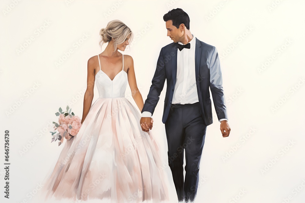 Wedding day. Bride and groom walking together on white background