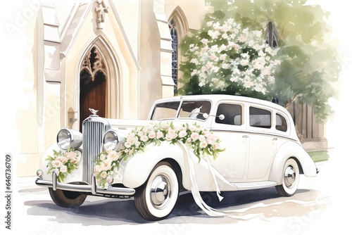 Vintage wedding car. Hand drawn watercolor illustration on white background © hungryai