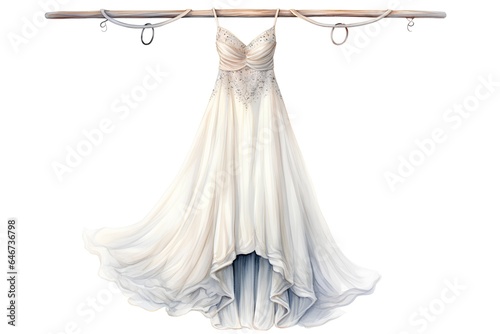 Wedding dress hanging on a hanger isolated on white background