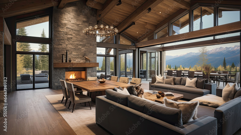 interior of a dining room in a mountain cabin