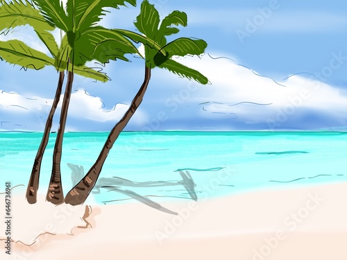 seashore, indian ocean, ocean, leisure, turquoise, vacations, summertime, palm tree, indonesia, indonesian, hand drawn, caribbean, wave, beautiful, tourism, idyllic, sunlight, coast, coconut, lagoon, 