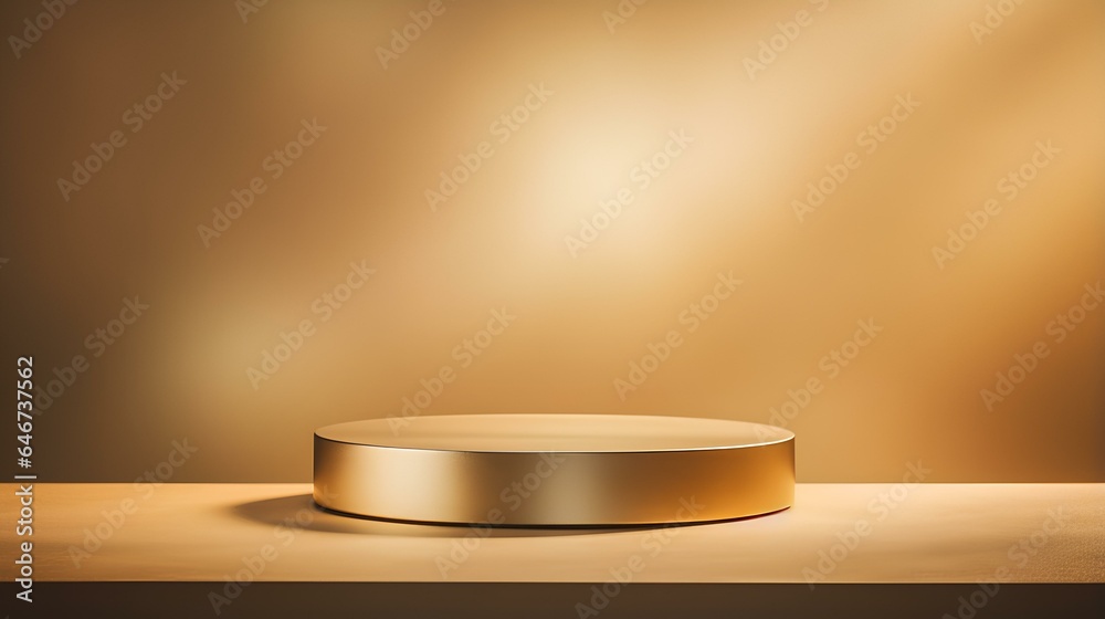 Round metal podium with beautiful backlighting and haze in delicate pastel golden yellow tones. generative AI Round metal podium with beautiful backlighting and haze in delicate pastel golden yellow tones. generative AI