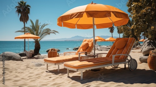 beautiful summer  lounge chairs  umbrellas under palm trees