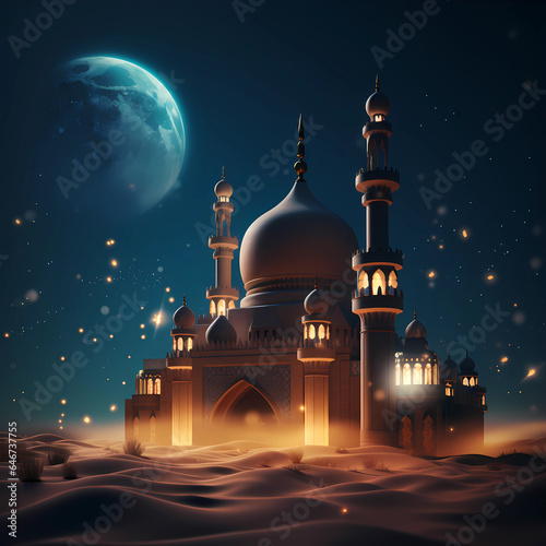 Creative Islamic illustration of a mosque and desert at night for Mawlid Al Nabi poster or flyer background