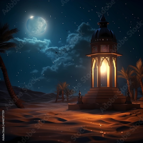 Creative islamic illustration of lanterns in desert at night for background of a Mawlid Al Nabi poster or brochure