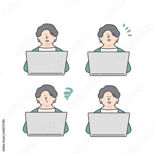 パソコンを使用する女性のビジネスパーソン　表情セット