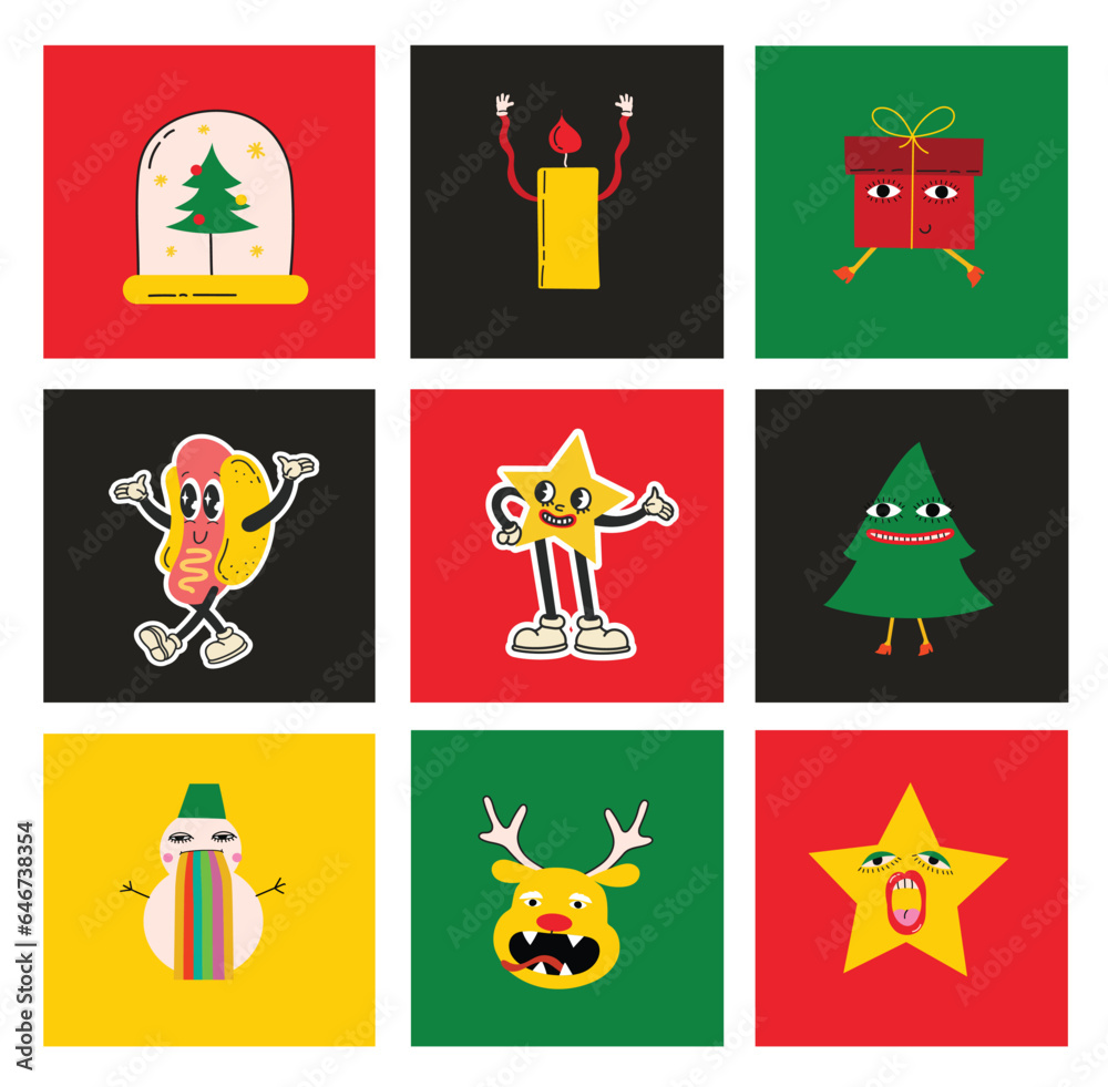 Fototapeta premium Cute cartoon characters and christmas elements for cards, seamless pattern, stickers. Merry Christmas and Happy New Year 2024. Vector trendy abstract illustrations for holiday wallpaper, fabric