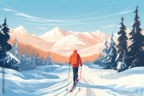 Cross country skiing Banner, winter sport on snowy track, back view illustration