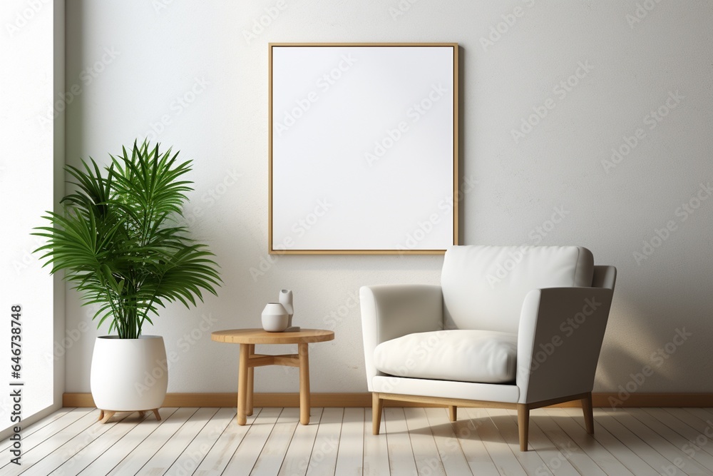 Modern Aesthetic Interior Design with Small Blank Poster Created with Generative AI Modern Aesthetic Interior Design with Small Blank Poster Created with Generative AI