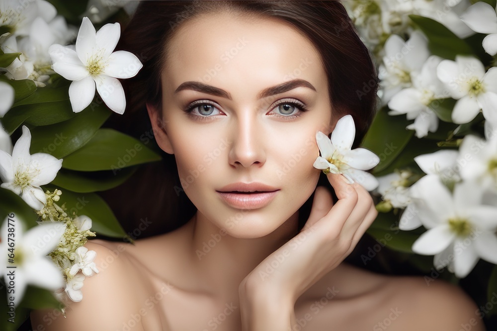 portrait of a woman face with white flowers portrait of a woman face with white flowers