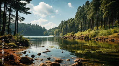 Beautiful views of the pine forest and views of the lake with cool blue water © MBRAMO