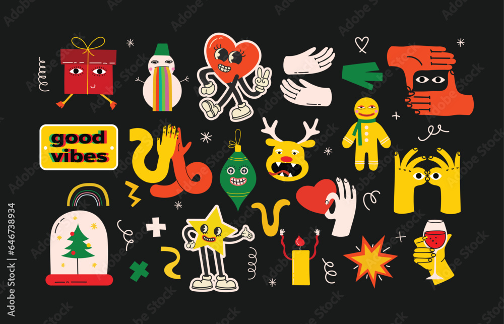 Cute cartoon characters and christmas elements for cards, seamless pattern, stickers. Merry Christmas and Happy New Year 2024. Vector trendy abstract illustrations for holiday wallpaper, fabric Cute cartoon characters and christmas elements for cards, seamless pattern, stickers. Merry Christmas and Happy New Year 2024. Vector trendy abstract illustrations for holiday wallpaper, fabric