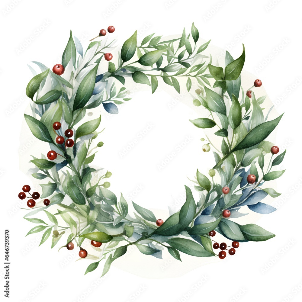 Watercolor Christmas wreath with green leaves, berries and red berries. Hand painted illustration isolated on white background - obrazy, fototapety, plakaty 