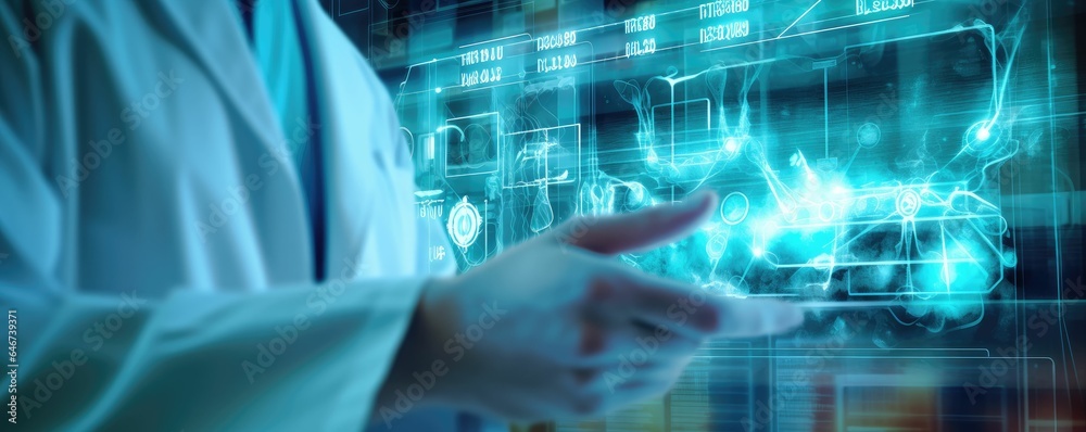 Doctor touching at screen monitor interface Doctor touching at screen monitor interface
