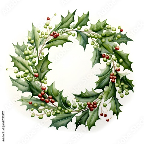 Christmas wreath with holly berries and green leaves. Watercolor illustration.